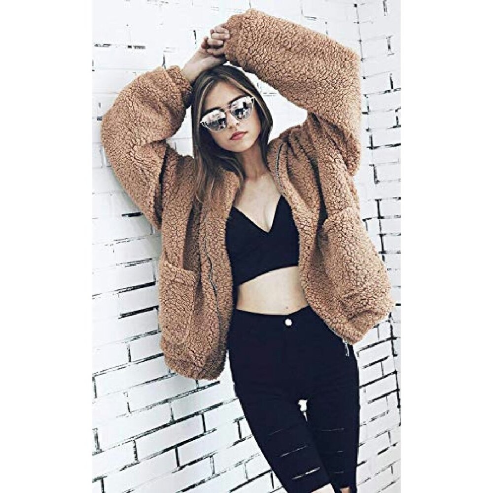Oversized Faux Shearling Fleece Jacket Women's Winter Coat Warm Boyfriend Style - Picture 5 of 8